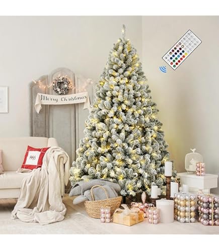 SHareconn 7.5ft Prelit Snow Flocked Artificial Holiday Christmas