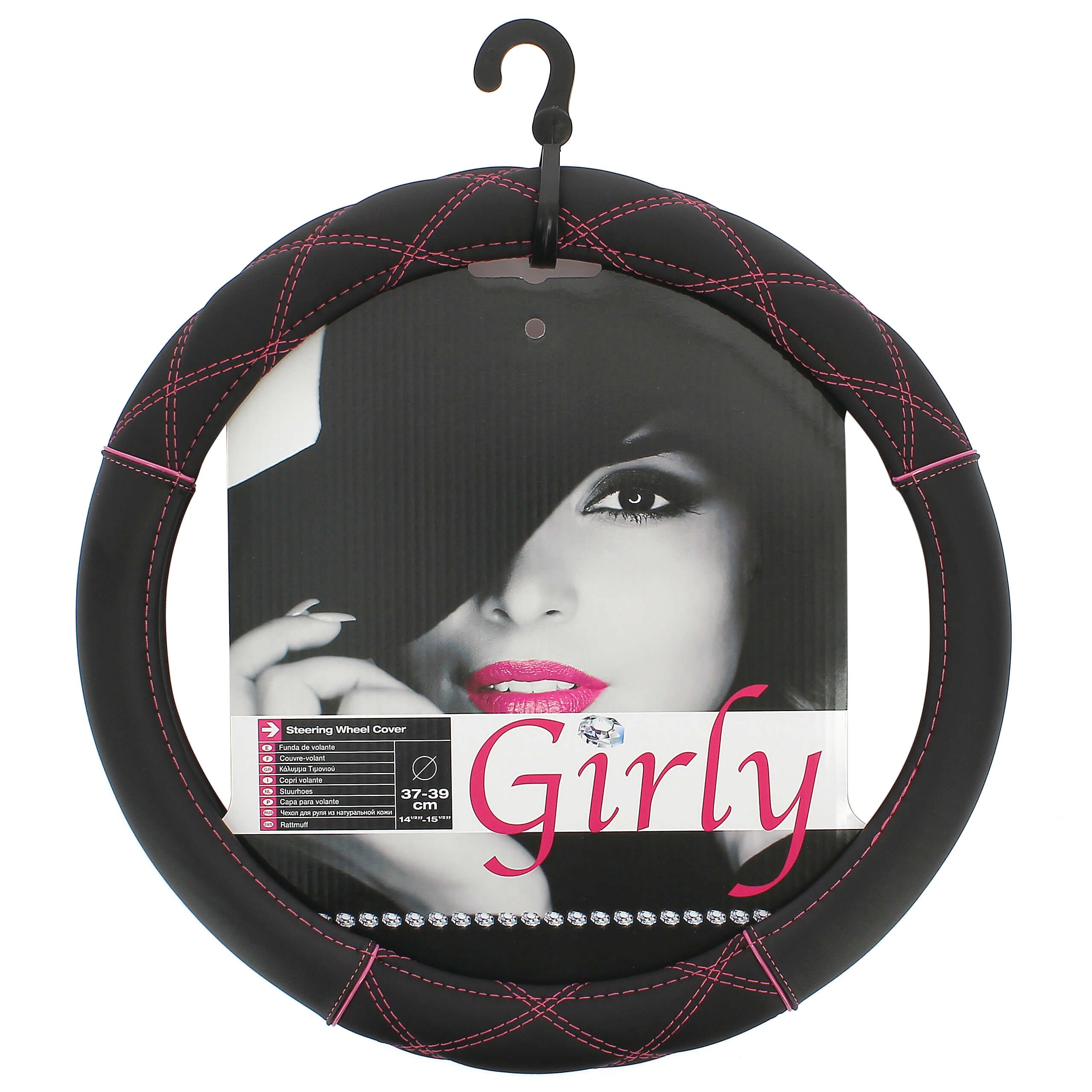 Sumex FVP1215 Crossed Pink Line Steering Wheel Cover with Virgin Rubber Interior, 37-39 cm