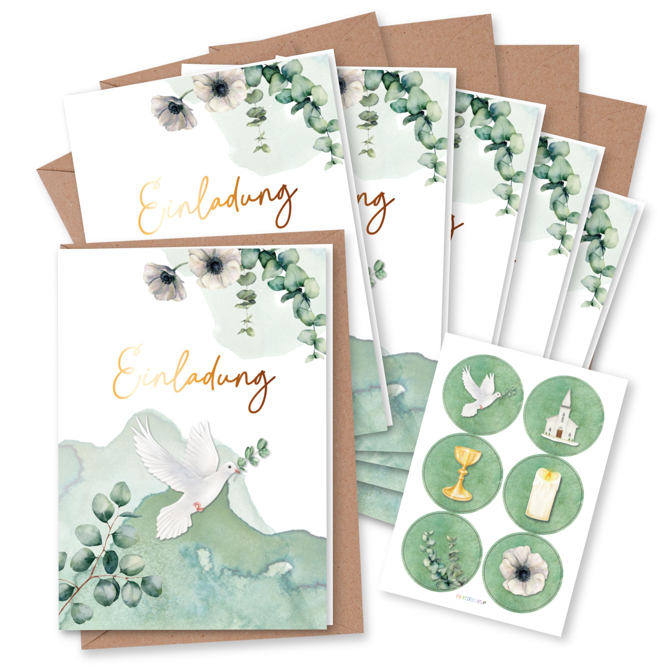 Papierdrachen 6 Invitation Cards for Christian Celebrations such as Christening, Communion, Confirmation, Eucalyptus Motif, Folding Cards with Envelope and Matching Stickers, DIN A6, Set of 3