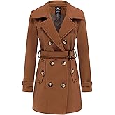 wantdo Women's Double Breasted Pea Coat Winter Mid-Long Trench Coat with Belt