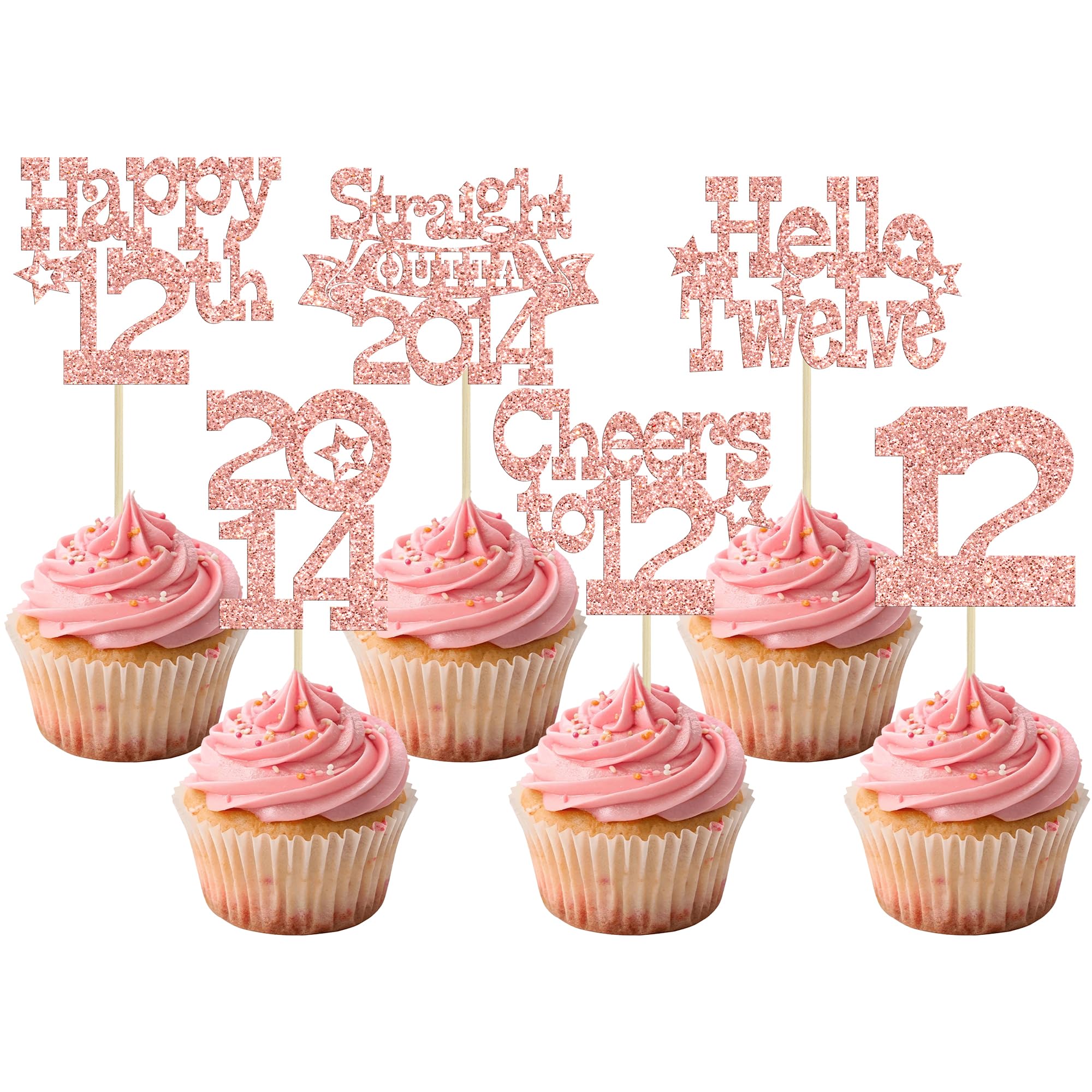 Ephlyn 30Pcs Happy 12th Birthday Cupcake Toppers Glitter Twelve Straight Outta 2014 Cupcake Picks Cheers to 12 Years Cake Decorations for 12th Birthday Party Supplies Rose Gold