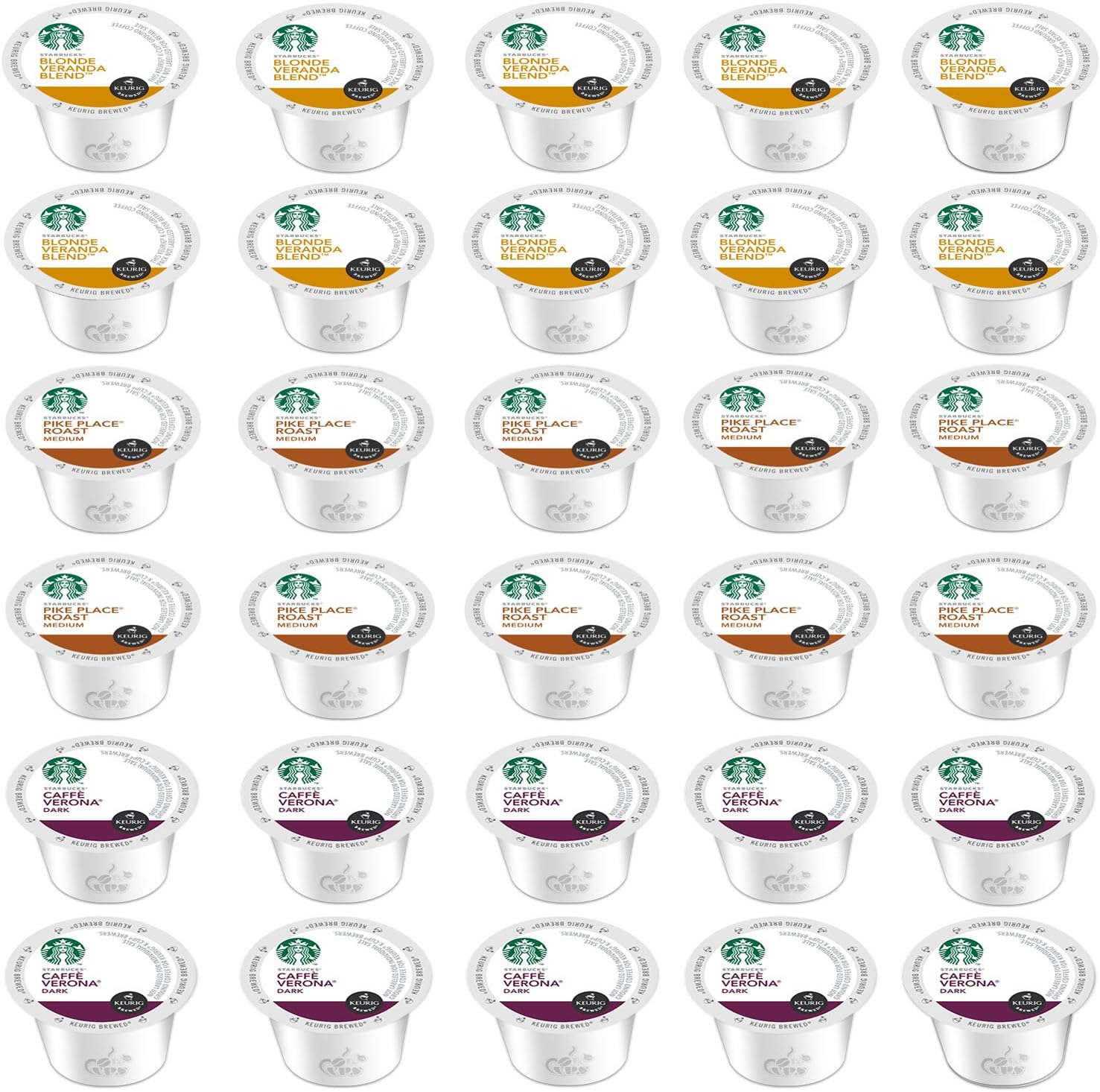 30 Count Starbucks Variety K-Cups for Keurig 2.0 Veranda, Pike Place and Verona (3 FLAVORS)