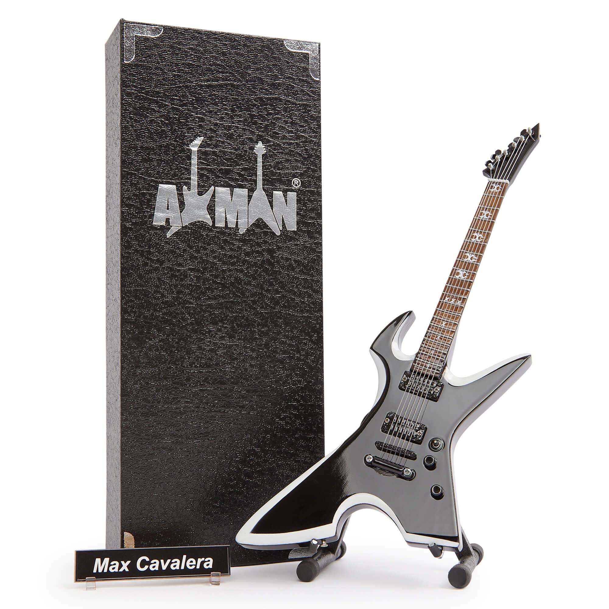 Max Cavalera (Sepultura) Miniature Guitar Replica - Music Gifts - Handmade Ornamental 1/4 Scale - Includes a Display Box, Name Tag and Miniature Guitar Stand