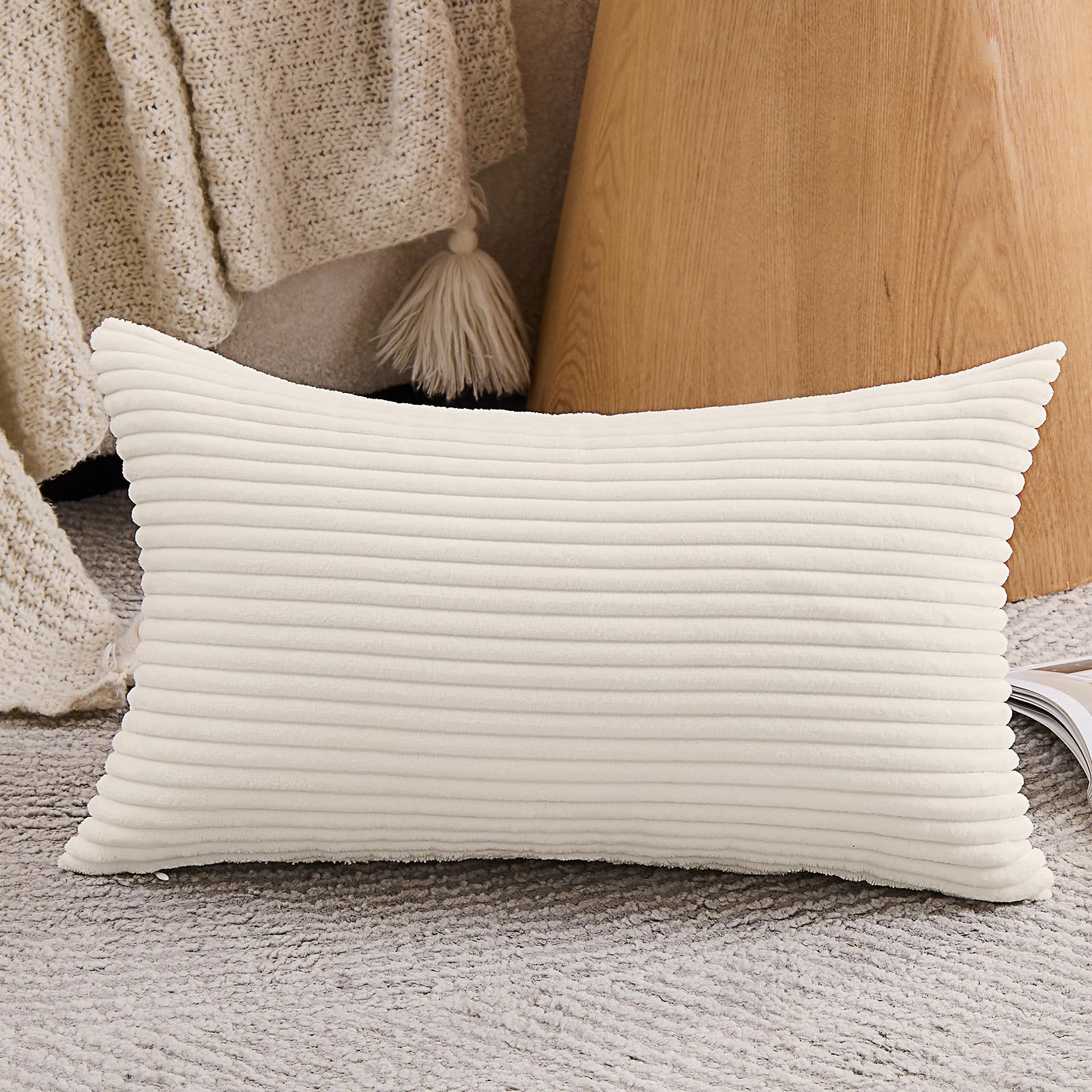 Photo 1 of Yosodeko Set of 1 Beige Lumbar Decorative Throw Pillow Cover 12x24 Inch for Sofa Living Room Couch Bed, Modern Farmhouse Home Decor, Soft Striped Corduroy Rectangle Cushion Case 30x60 cm