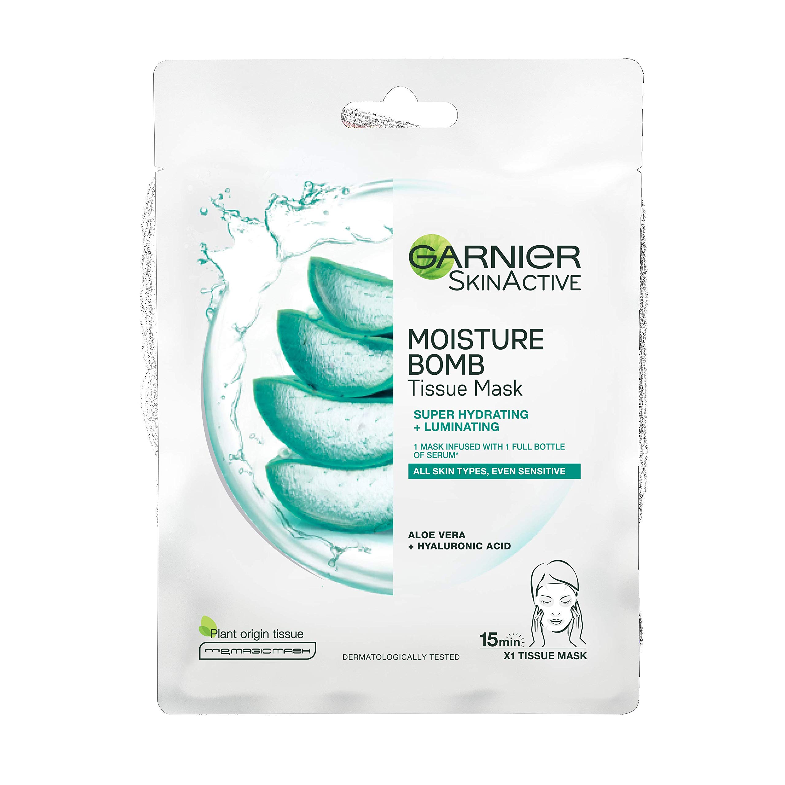Garnier Moisture Bomb Aloe Vera Hyaluronic Acid Hydrating and Luminating Face Sheet Mask Sensitive Skin 28g