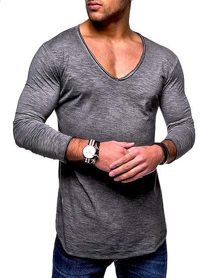 behype. Herren Oversize Longsleeve Langarm T-Shirt V-Neck Ausschnitt 30-0014