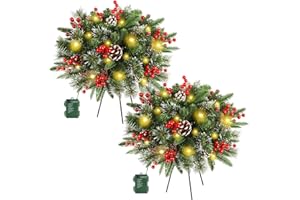 Juegoal 2 Pack Pre-lit Christmas Tree Urn Filler, Lighted Artificial Xmas Pine Trees with Tripod Stake, 8 Modes & Timer, Battery Powered Outdoor Light Up Planter Filler Festival Holiday Decor