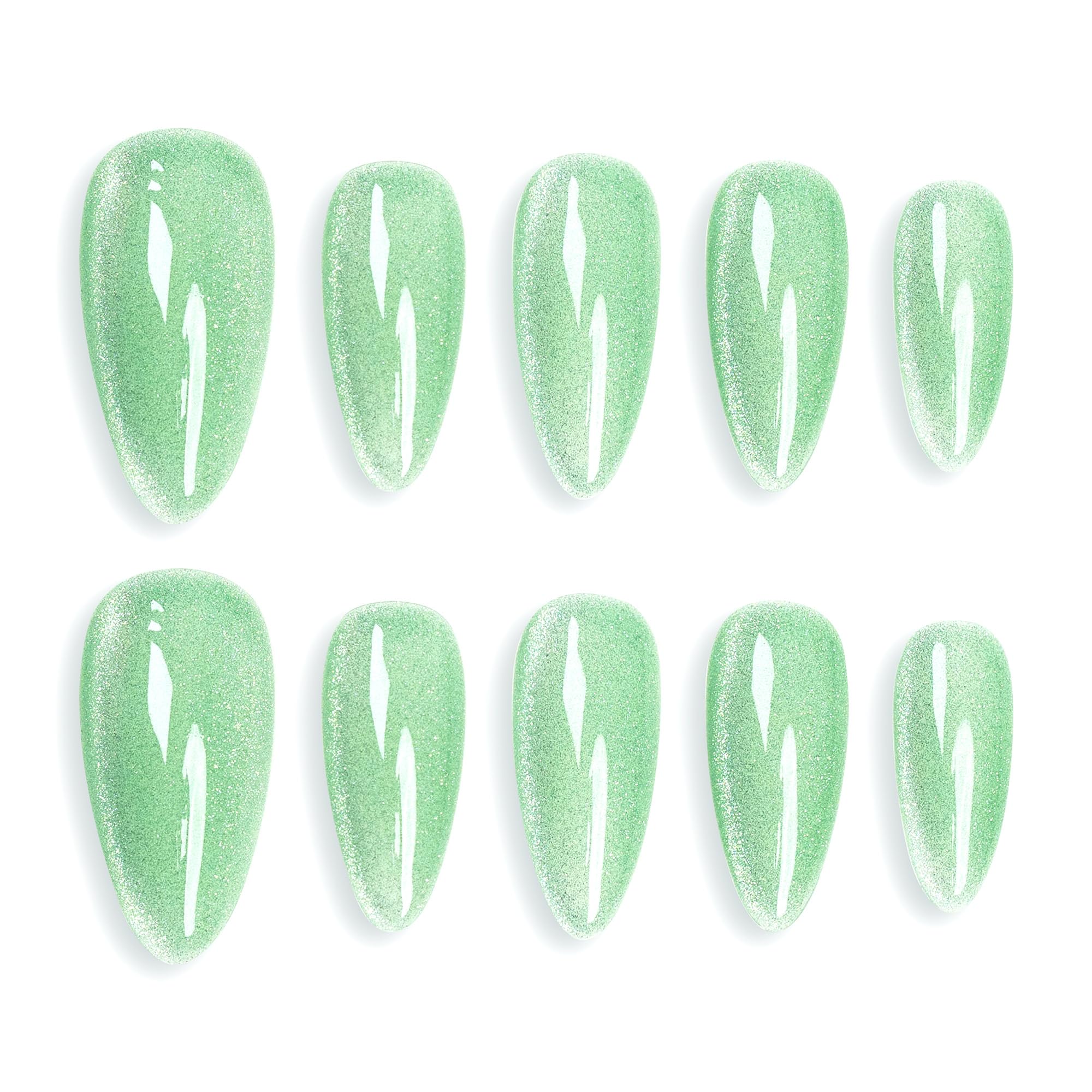 Sun&Beam Nails Handmade Press-on Medium Long Almond Mint Green Cat Eye Design Charming False Nail Tips 10 Pcs (#123 L)