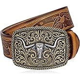 BISON DENIM Men's Western Double Embossed Leather Belts with Golden Cowboy Longhorn Bull Pattern Floral Engraved Buckle Belt