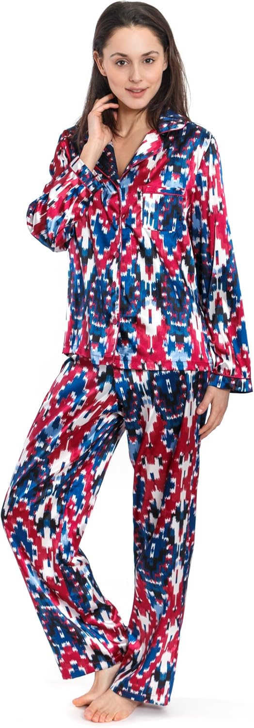 Jones New York Women's Long Sleeve Satin Pajamas (Ikat, 2Piece Set