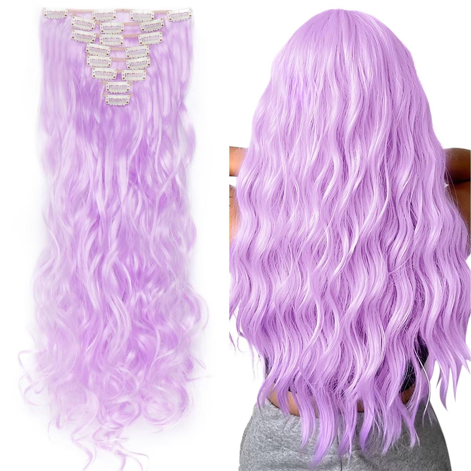 24inch Curly Hair Extension 8 Pcs full Head Set Clip In Hair Extensions Hairpiece Heat-Resisting -Light Purple — image 1