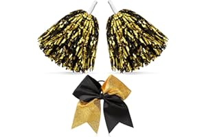 Hanaive 3 Pcs Cheerleading Pom Poms and Large Cheerleader Hair Bow Foil Pompoms Cheer for Team Cheering Squad Dance Rooters Accessories