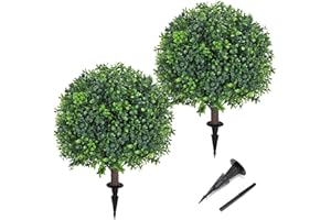 JASMPIG Artificial Boxwood Topiary Ball Tree 24" with Ground Spike, Set of 2 Artificial Boxwood Bushes for Faux Shrubs, Fake Evergreen Faux Plant for Indoor Outdoor Porch Garden- UV Resistant – Fade-Proof