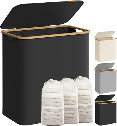 SONGMICS 150L Laundry Basket with 3 Compartments Lid 60x38.5x70.5 cm