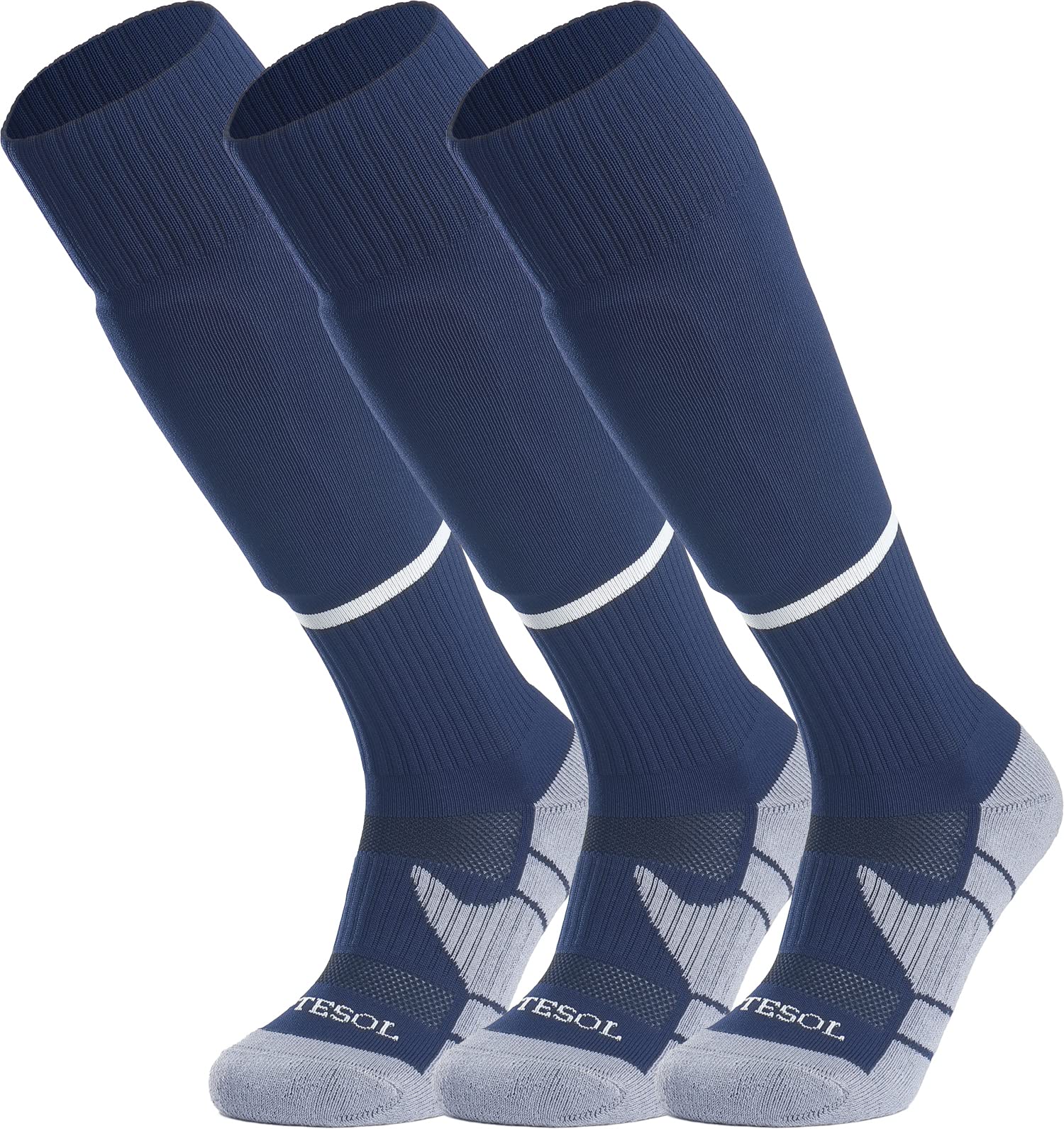 APTESOL Youth Soccer Socks Knee High Team Sport Cushion Sock Women Men Long Tube Cotton Athletic Compression Socks (3-Pair Navy-B,Large)