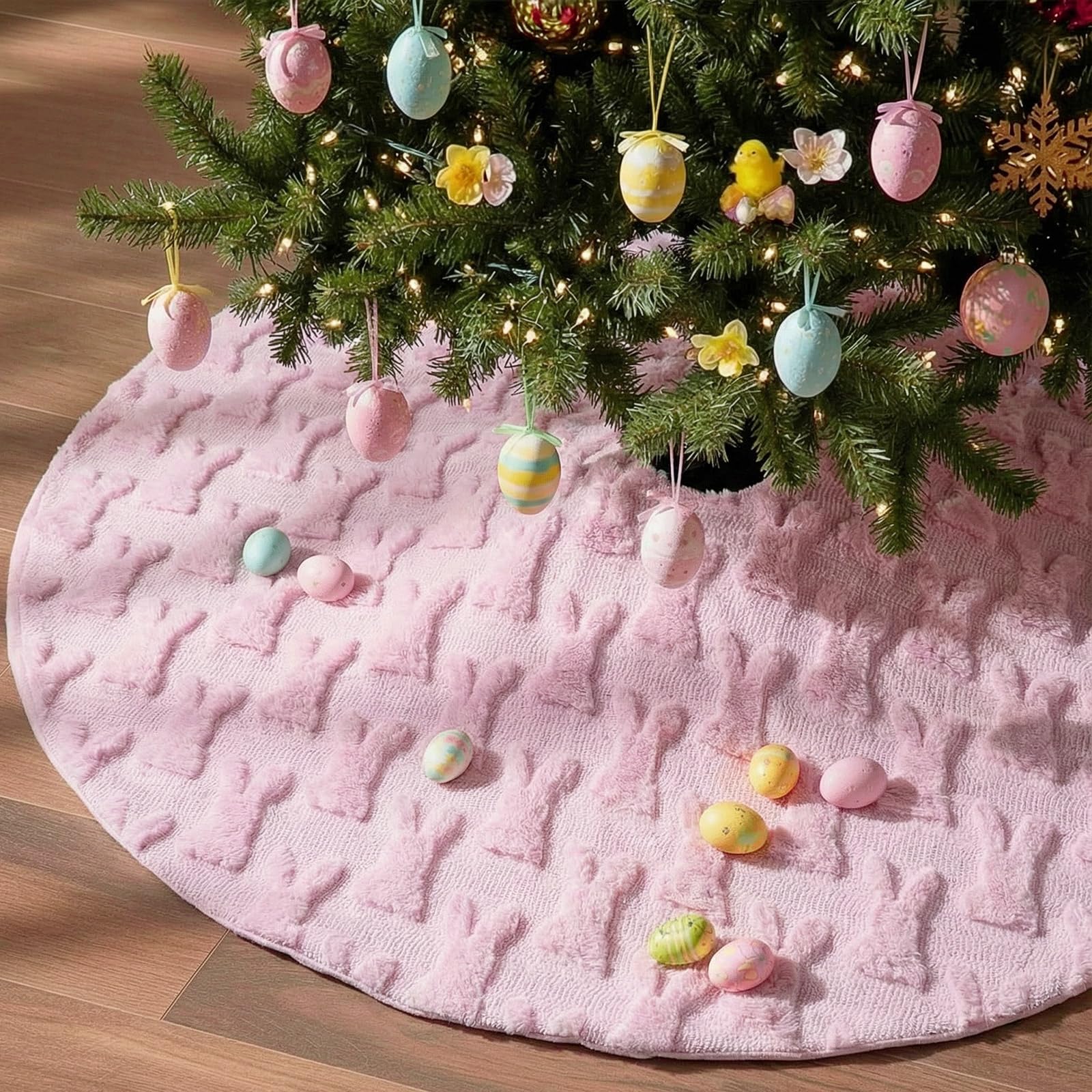 Photo 1 of Civaner Easter Tree Skirt 36 Inch Plush Faux Fur Easter Bunny Eggs Rabbit Tree Skirt Mat for Holiday Party Indoor Outdoor Home Office Decoration