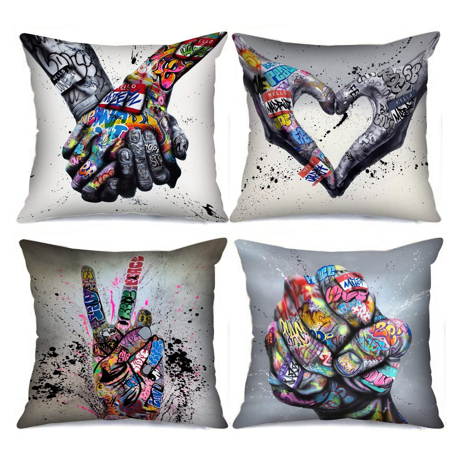 Tucocoo Graffiti Cushion Covers Decorative 18 x 18 Inch 4 Pack Banksy Street Art Pillow Covers Fist Inspirational Finger Throw Pillow Hands Pillow Cases for Couch Sofa Living Room