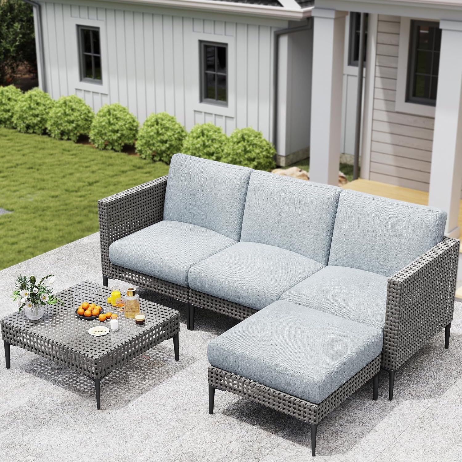 Jocoevol 5 Pieces Outdoor Patio Conversation Set – Rattan L-Shaped Corner Sofa Comfortable Thickening Cushions for Garden, Balcony,Weatherproof Waterproof UV Resistance