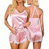 RSLOVE Women Pajama Set Sleepwear - Satin Pajamas Silk V Neck Cami and Shorts Pjs 2 Piece Womens Sexy Lace Lounge Nightwear
