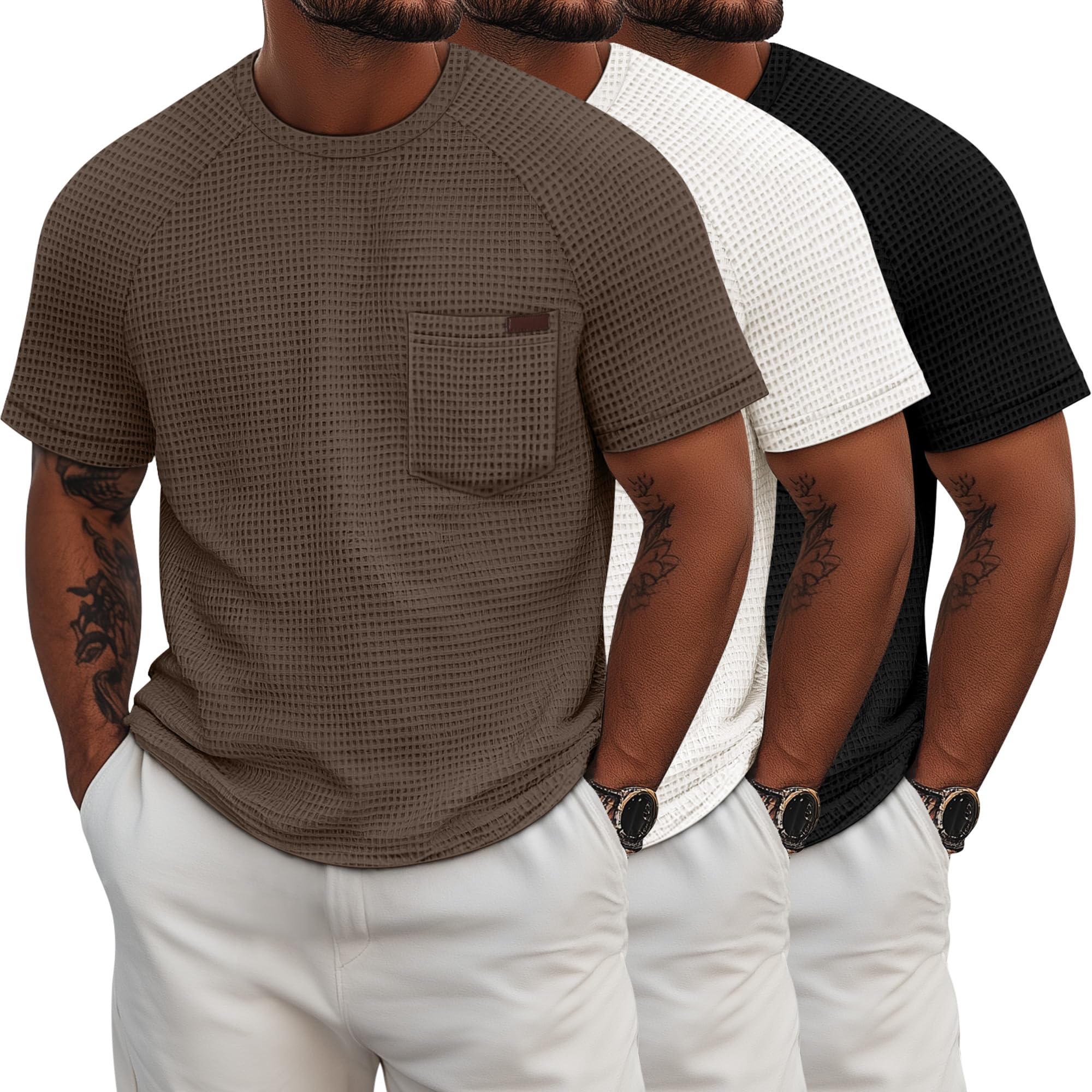 Ficerd 3 Pack Men's Waffle T-Shirts Plus Size Crew Neck Short Sleeve ...