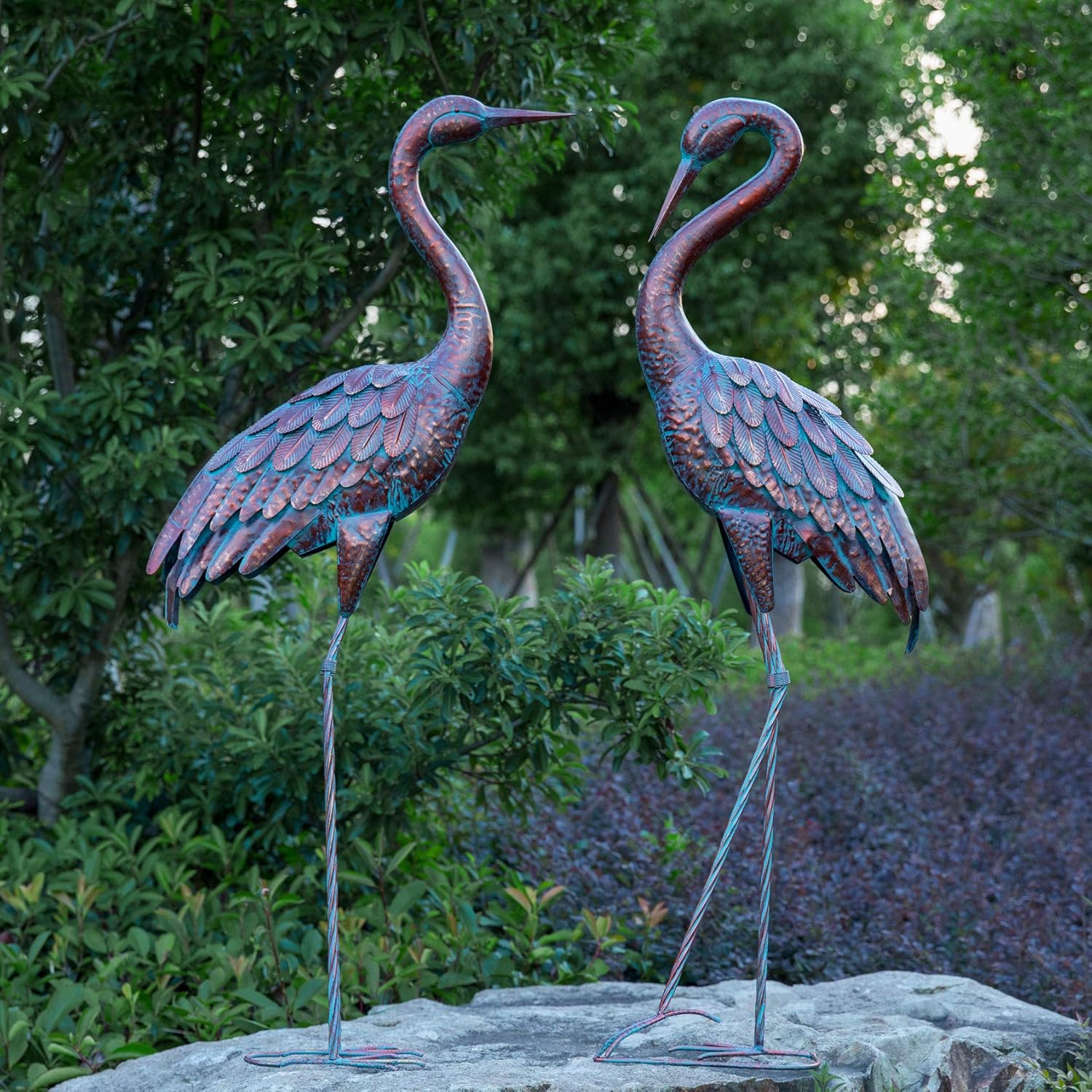 Kircust Garden Crane Statues Patina Heron Decoy, Standing Metal Crane Sculptures Bird Yard Art for Outdoor Decor, Set of 2: Home & Kitchen