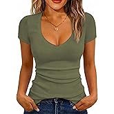 Albe Rita Women Short Sleeve T-Shirt Cap V Neck Shirts for Women Ribbed Casual Top Knit Slim Fit for Summer