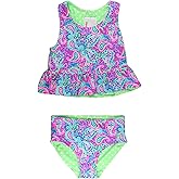 RuffleButts Baby/Toddler Girls UPF50+ Sun Protected Reversible Peplum 2 Piece Sleeveless Tankini