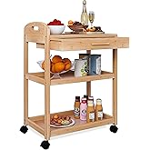 SMIBUY Kitchen Island Cart on Wheels with Storage Drawer & Shelves, Bamboo 3-Tier Rolling Utility Serving Rack with Solid Woo