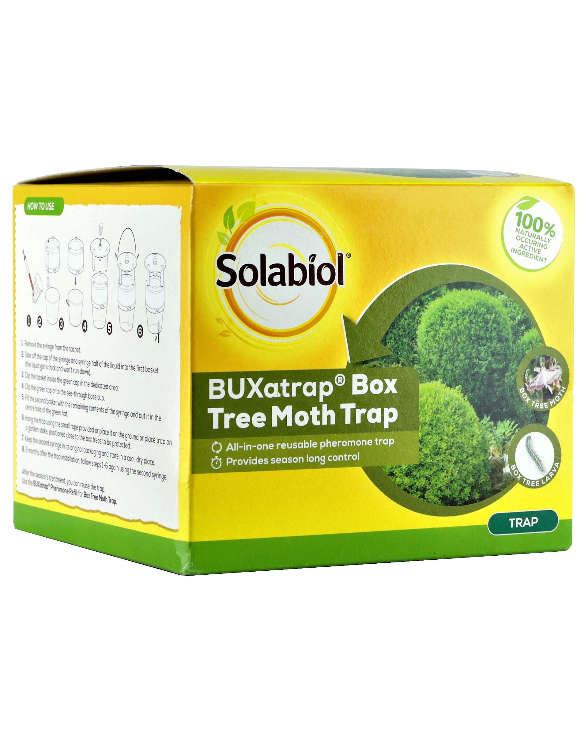 Solabiol Buxatrap Box Tree Moth Trap - Reusable Box - Tree Moth Biological Protection Trap - with Refillable 3 Month Pheromone Solution - Bux Protector Against Moths - Covers 180 SqM, Yellow