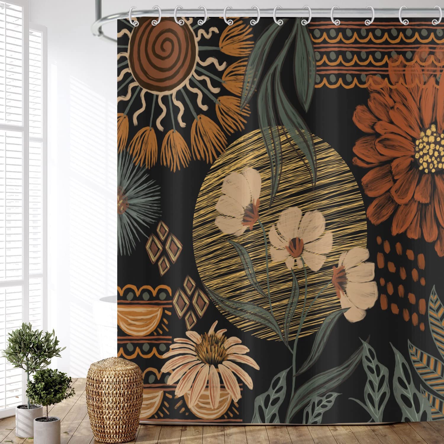 ASDCXZ Boho Shower Curtain 180x200 cm, Waterproof Fabric Shower Curtains, Modern Retro Boho Style Sun Flowers Leaves Black Outdoor Washable Polyester Bathroom Curtain with 12 Hooks