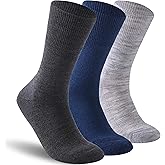 Facool Diabetic Socks for Men Women, Merino Wool Non-Binding Top Crew Socks with Cushion Sole, Seamless Toe 3 Pairs