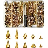 Rckcu 354 Pcs Punk Spikes and Studs Kit, 8 Sizes Metal Cone Spike Studs Rivets for Clothing, Leather Jackets, Belts, Shoes, Bags, DIY Punk Crafts (Gold)