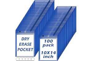 OLEITODH 100 Pack Dry-Erase Pockets Sleeves Bulk Job Ticket Holders Oversized Reusable10x14 Blue Plastic Sheet Page Protectors, Heavy Duty Clear Work Pockets, Teacher School Classroom Supplies