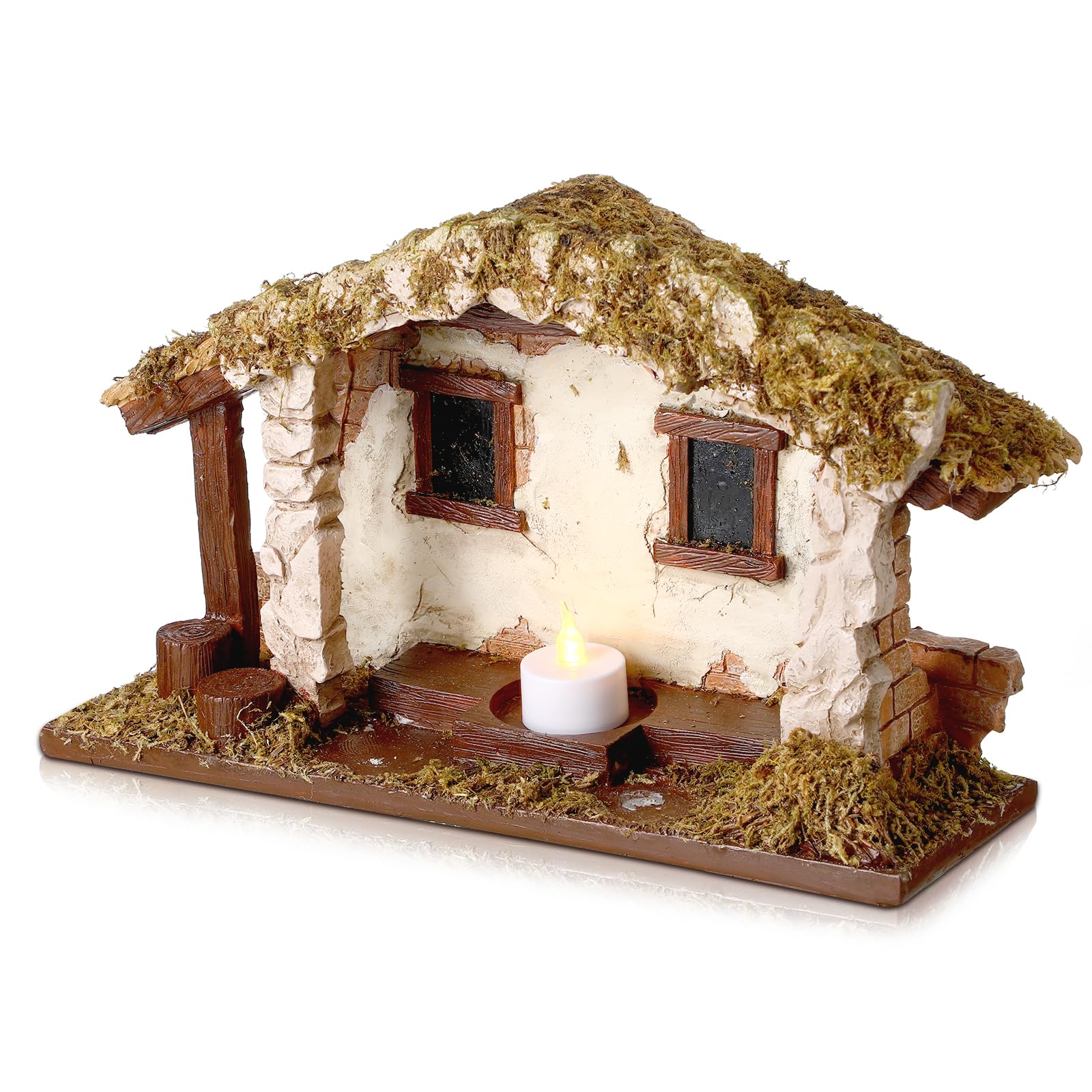 Photo 1 of Barydat Christmas Nativity Stable, 10 x 7.87 x 5 Inch Village Manger Nativity Creche Resin Tabletop Scenes with Realistic Moss Roof and Floor, Beautiful Religious Christmas Decor