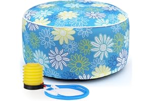 Iheqard Inflatable Outdoor Ottoman for Patio Waterproof Garden Footstool, D21 x H9 Portable Inflatable Foot Rest for Air Travel, Round Pouf for Camping,Home and Pool (Flower Blue)