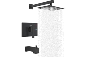KENES Matte Black Tub Shower Faucet Set Complete with 10-Inch Rainfall Shower Head and Tub Spout, Square Tub and Shower Trim Kit, KE-6024A-2 (Shower Valve Included)