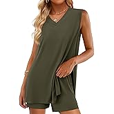 PRETTYGARDEN Women's 2026 Summer 2 Piece Shorts Sets V Neck Long Tank Tops High Waisted Loose Fit Matching Travel Outfits