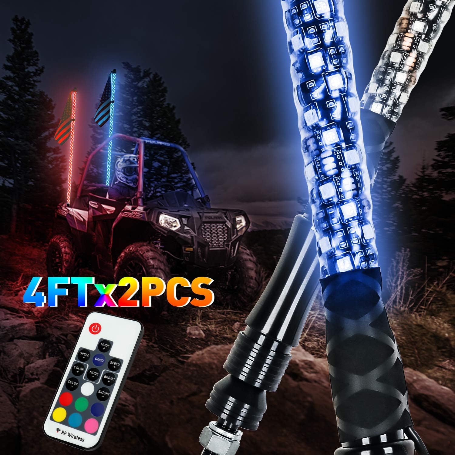 LED Whip Lights 2PCS 4FT Wireless Remote LED Antenna Light for UTV