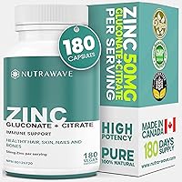 Nutrawave 2-IN-1 Zinc Supplements, High Absorption Formula 50 mg Zinc Gluconate + Zinc Citrate Chelated Stomach-Friendly Immu