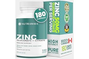 Nutrawave 2-IN-1 Zinc Supplements, High Absorption Formula 50 mg Zinc Gluconate + Zinc Citrate Chelated Stomach-Friendly Immu