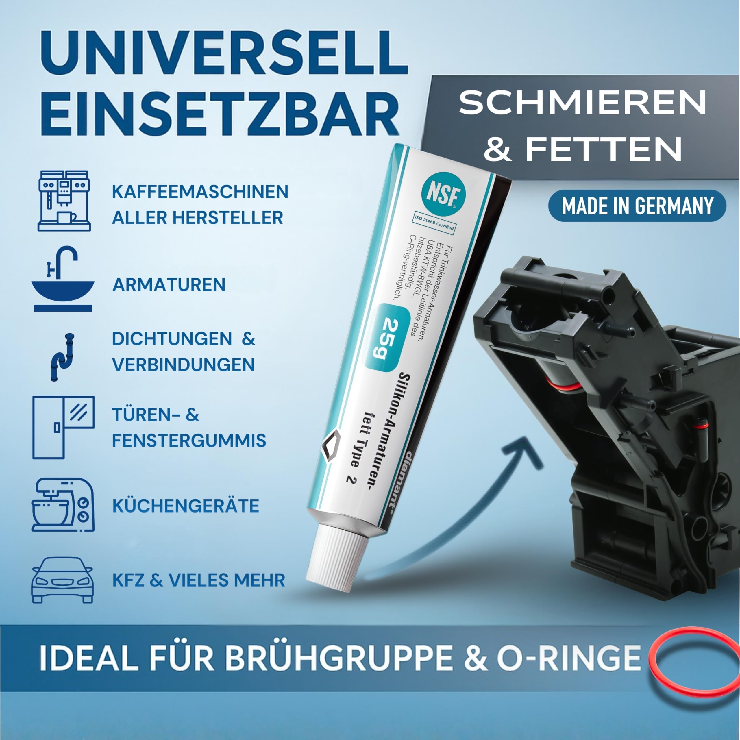 fancility® 25g Silikonfett für Kaffeevollautomaten & Armaturen-Fett (2-fach geprüft) + 5 XL Reinigungsbürsten 21cm - Hahnfett für Dichtungen, O-Ringe & Brühgruppe - Multi-Schmierfett lebensmittelecht 2