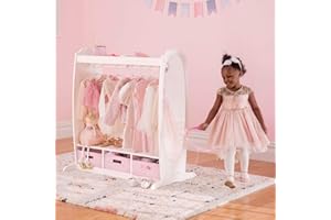 Guidecraft Dress Up Storage – White: Dramatic Play Costume Rack with Mirror and Tray for Toddlers - Kids Armoire, Dresser with Fabric Storage Bins