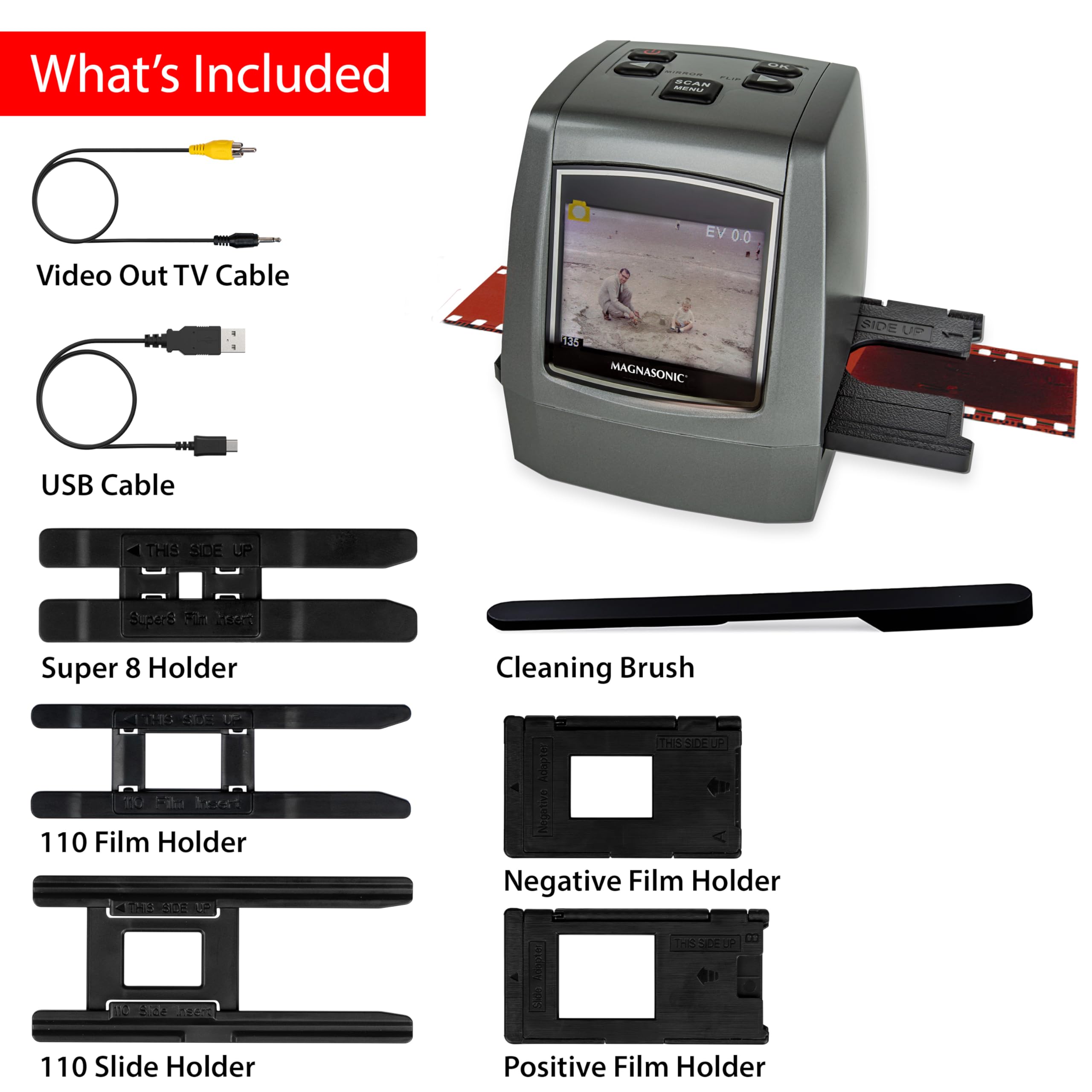 Magnasonic All-in-One High Resolution 24MP Film Scanner, Converts 35mm/126KPK/110/Super 8 Films, Slides, Negatives into Digital Photos, Vibrant 2.4