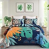 DJY Boho Floral Quilt Set King Size Navy Blue 3 Piece Bedspread Coverlet Botanical Farmhouse Quilt Bedding Set, Reversible Lightweight Microfiber Bed Cover for All Season, 110''x90''