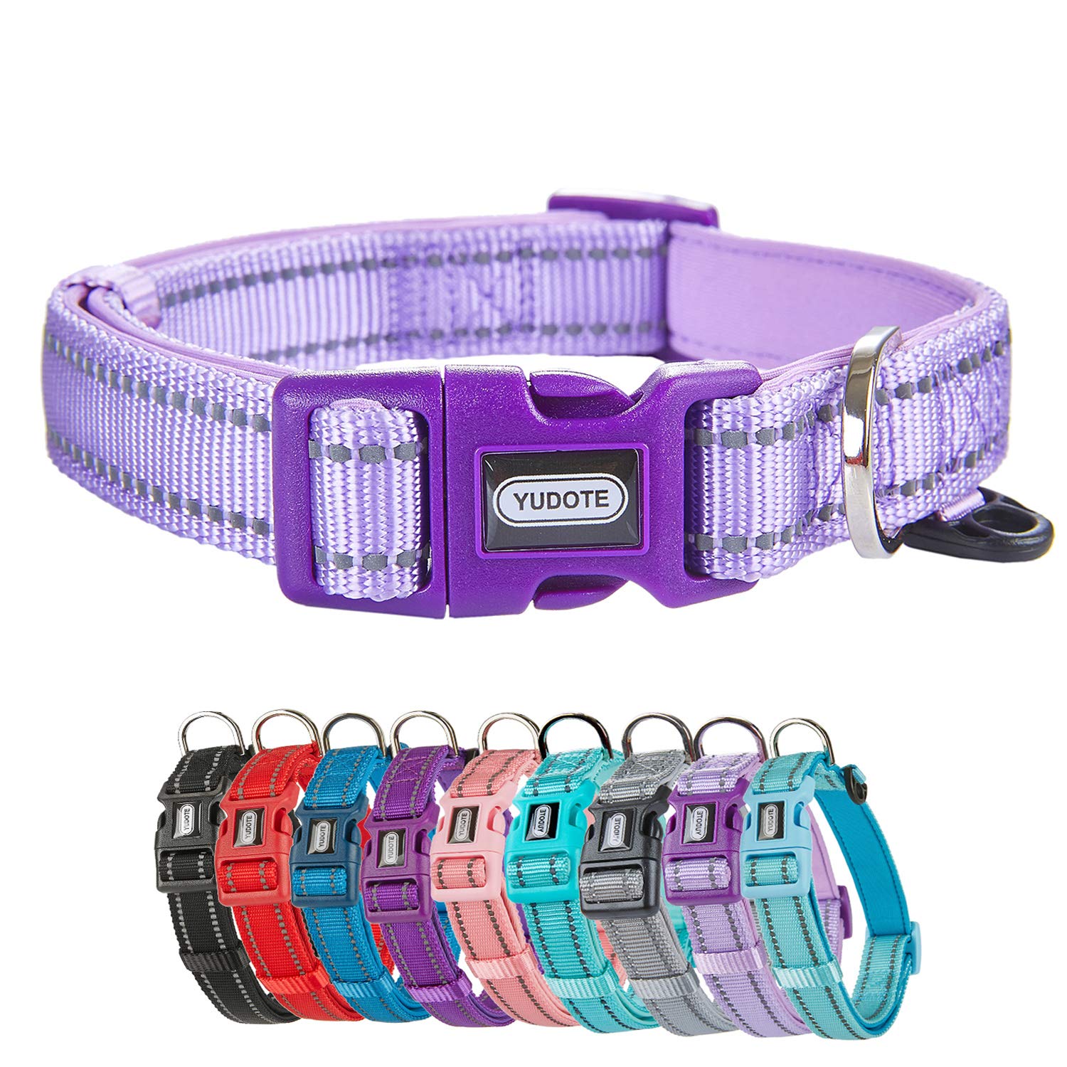 YUDOTE Dog Collar Large Strong Reflective Nylon Webbing with Soft Comfy Neoprene Padded Linning for Large Dogs Daily Use,Lilac