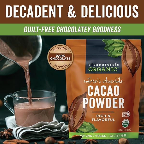 VIVA NATURALS ORGANIC CACAO POWDER, 1LB – UNSWEETENED CACAO POWDER WITH RICH DARK CHOCOLATE FLAVOR, PERFECT FOR BAKING & SMOOTHIES, NON-GMO, CERTIFIED VEGAN & GLUTEN-FREE, 454 G