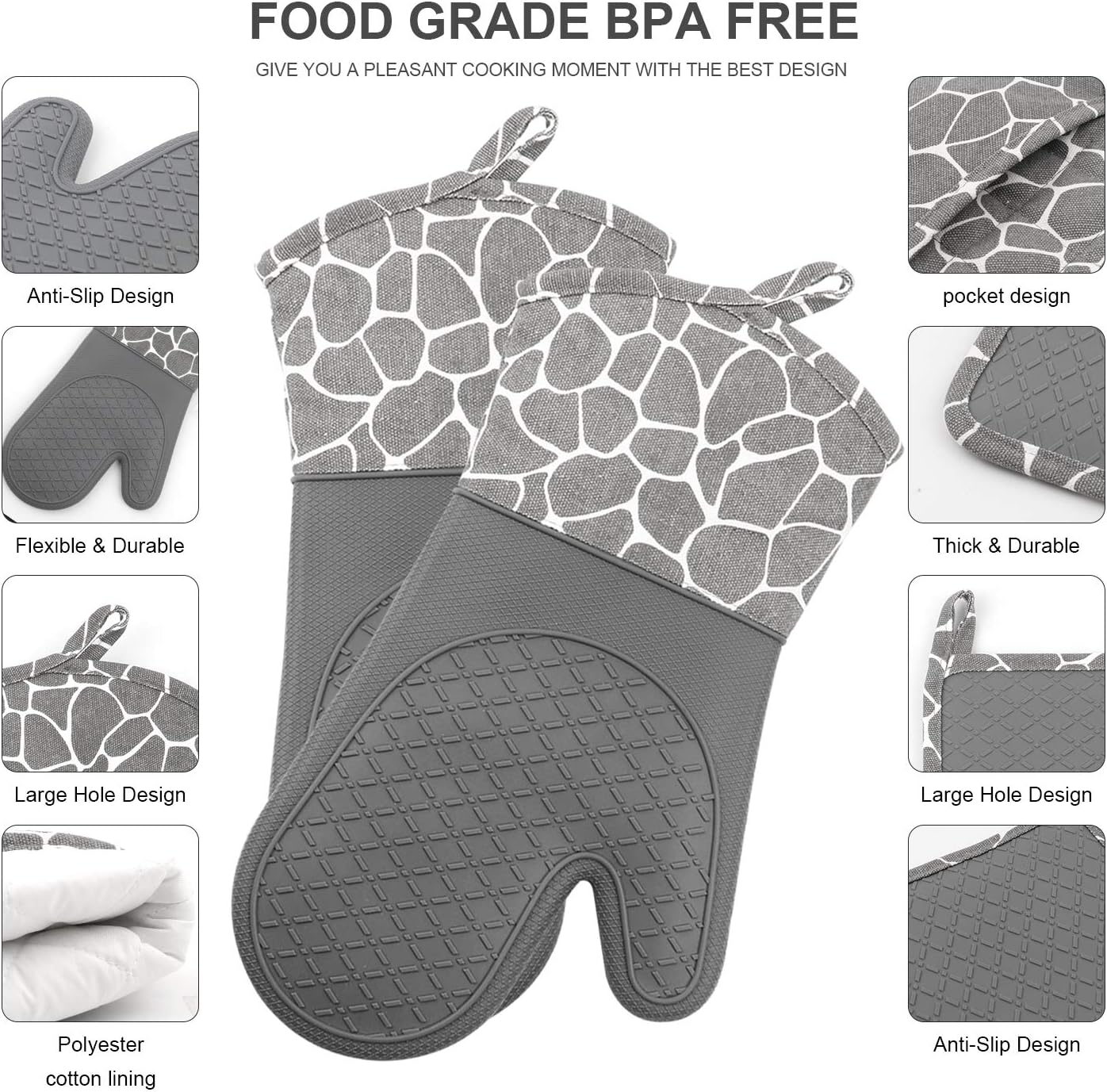 Gesentur Oven Gloves, Heat Resistant Silicone Oven Gloves, Non-Slip Kitchen Oven Mitts 1 Pair and 2 Pot Holders - Image 3