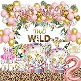 231 PCs Two Wild Birthday Decorations Girl, Hombae Jungle Safari Animal Theme 2nd Party Supplies Backdrop Balloon Garland Leaves Banner Tablecloth Cake Topper Plate Napkin Cup Straw Knife Fork Spoon