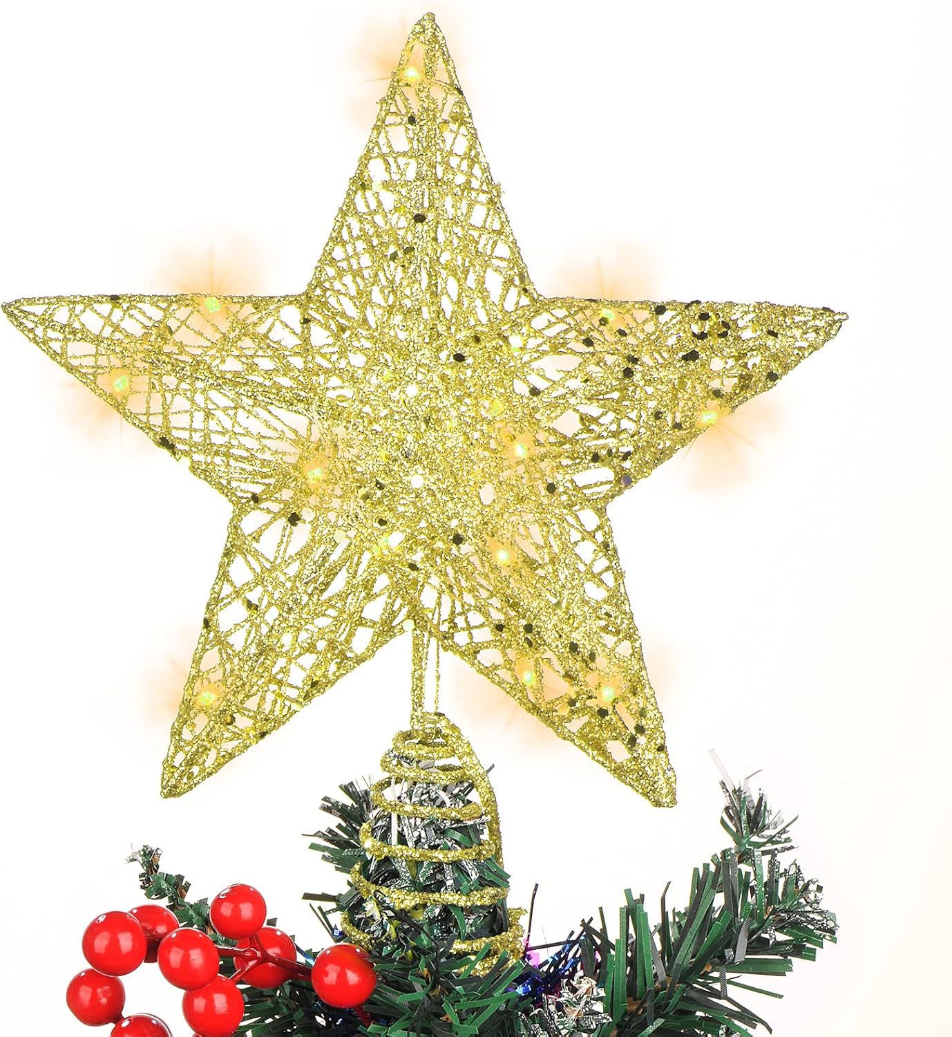Tree Toppers - LED Gold Christmas Tree Topper Star, Glitter XmasTree Decorations with 20 LED Lights, Home and Office Christmas Decorations