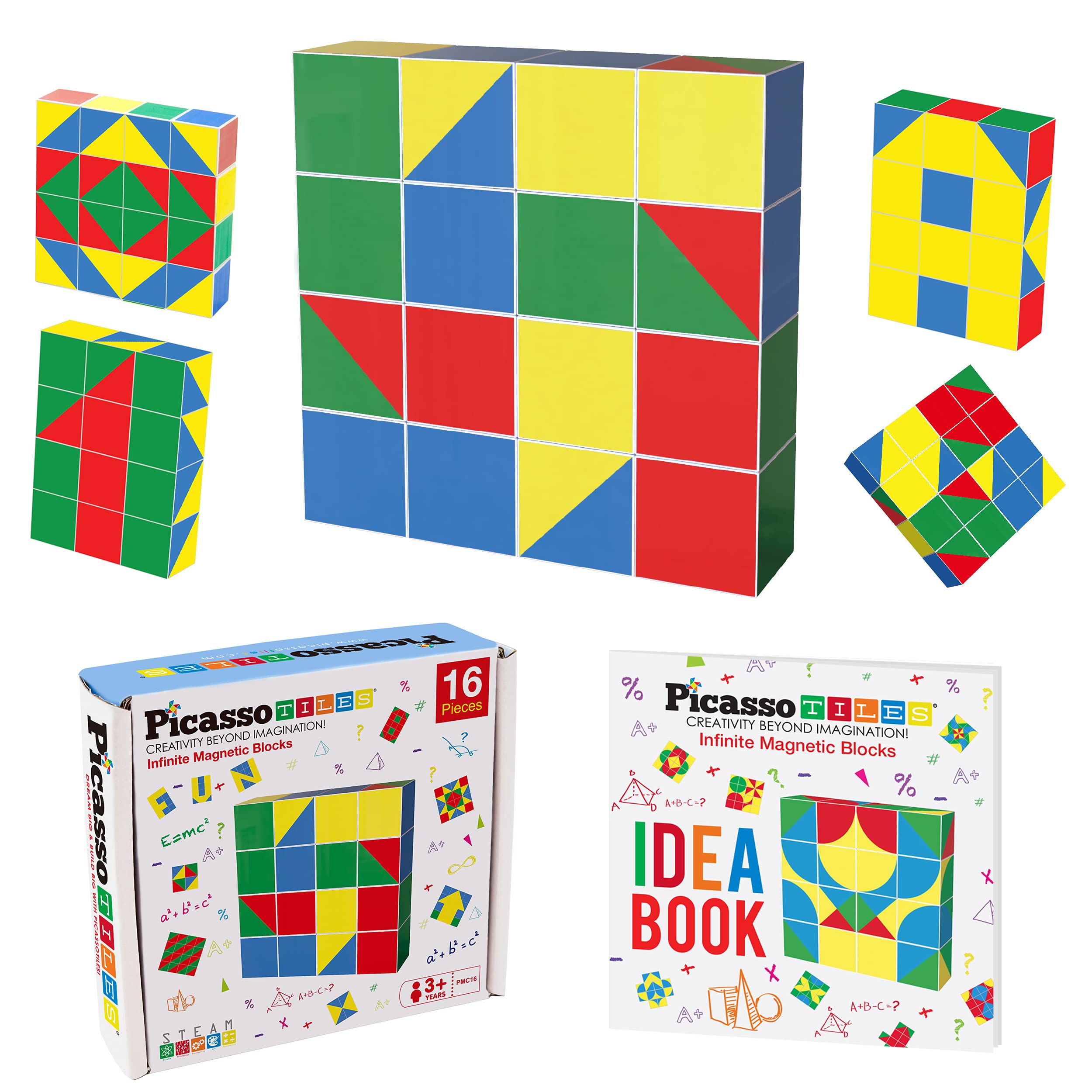 Picasso Cubes 16 Piece Magnetic Puzzle Game Magic Cube Puzzles Brain Teaser Set Kids Toy Magnet Pattern Block Matching Toys with Free Ideabook 100+ Inspirations Included STEM Learning Early Education